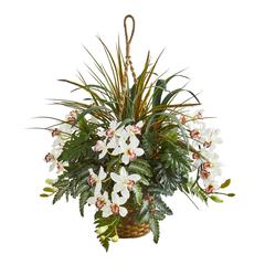 29in. Cymbidium Orchid and Mixed Greens Artificial Plant Hanging Basket