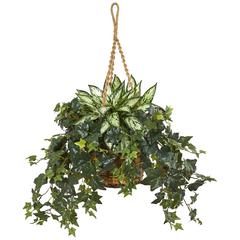 30in. Silver Queen and Ivy Artificial Plant in Hanging Basket