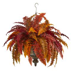 28in. Autumn Boston Fern Artificial Plant in Hanging Metal Bowl
