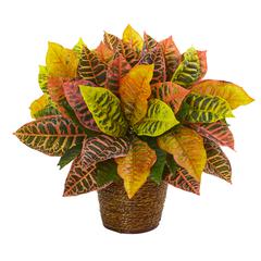 17in. Garden Croton Artificial Plant in Basket (Real Touch)