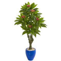 Plumeria Artificial Tree in Decorative Blue Planter (Indoor/Outdoor)