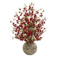 30in. Cherry Blossom Artificial Arrangement in Stoneware Vase with Gold Trimming