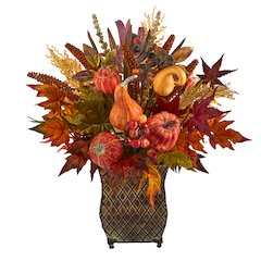 21in. Pumpkin, Maple Leaf and Sorghum Harvest Arrangement in Metal Planter