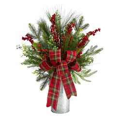 28in. Holiday Winter Greenery, Berries and Plaid Bow Artificial Christmas Arrangement Home Décor
