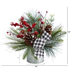 12in. Frosted Pinecones and Berries Artificial Arrangement in Vase with Decorative Plaid Bow