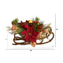 18in. Christmas Sleigh with Poinsettia, Berries and Pinecone Artificial Arrangement with Ornaments