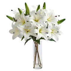 25in. Artificial Lily Arrangement with Cylinder Glass Vase