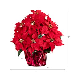19in. Artificial Lush Poinsettia Arrangement in Red Wrapped Planter