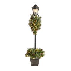 Holiday Pre-lit Decorated Lamp Post with Artificial Christmas Greenery