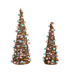 12in. and 16in. Artificial Easter Rattan Cone Trees with Pastel Eggs - Set of 2