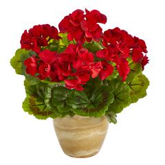 11in. Geranium Artificial Plant in Ceramic Planter UV Resistant (Indoor/Outdoor), Red