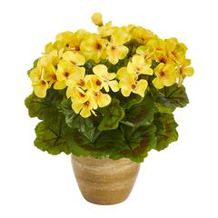 11in. Geranium Artificial Plant in Ceramic Planter UV Resistant (Indoor/Outdoor), Yellow