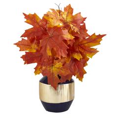 18in. Autumn Maple Leaf Artificial Plant in Blue and Gold Planter