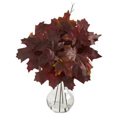 18in. Autumn Maple Leaf Artificial Plant in Glass Planter