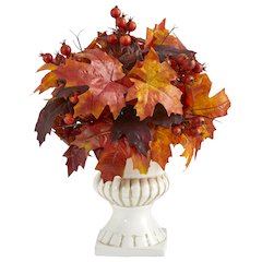 20in. Autumn Maple Leaf and Berries Artificial Plant in White Urn