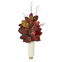 38in. Autumn Magnolia Leaf with Berries Plant in Cream Planter with Gold Base