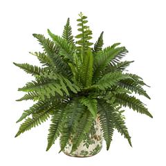 15in. Boston Fern Artificial Plant with Tuscan Ceramic Green Scroll Planter