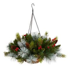 24in. Holiday Pre-Lit Pine and Berries Artificial Christmas Hanging Basket