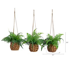 10in. UV Resistant Artificial Boston Fern in Hanging Wicker Basket Set of 3