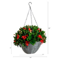 24in Pre-Lit  Artificial Red Tip Photinia &Gold Berries Christmas Hanging Basket