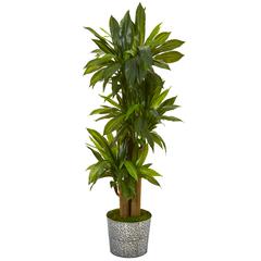 58in. Corn Stalk Dracaena Artificial Plant in Black Embossed Tin Planter (Real Touch)
