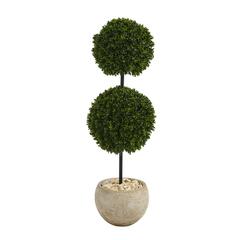 45in. Boxwood Double Ball Artificial Topiary Tree in Sand Colored Planter UV Resistant (Indoor/Outdoor)