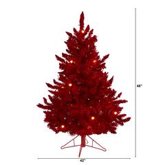 4ft. Red Flocked Fraser Fir Artificial Christmas Tree with 100 Red Lights, 14 Globe Bulbs and 270 Bendable Branches