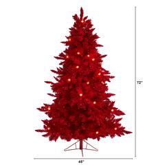 6ft. Red Flocked Fraser Fir Artificial Christmas Tree with 350 Red Lights, 33 Globe Bulbs and 748 Bendable Branches