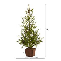 28in. Alpine Natural Look Artificial Christmas Tree in Wood Planter with Pine Cones