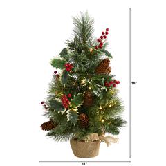 18in. Mixed Pine Artificial Christmas Tree with Holly Berries, Pinecones, 35 Clear LED Lights and Burlap Base