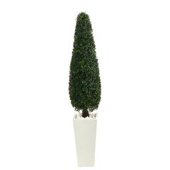 63in. Boxwood Topiary Artificial Tree in Tall White Planter (Indoor/Outdoor)