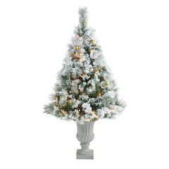 56in. Flocked Oregon Pine Christmas Tree with 100 Clear Lights in Decorative Urn