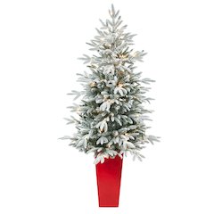 5ft. Flocked Manchester Spruce Christmas Tree with 100 Lights in Red Planter