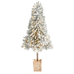 5ft. Winter Flocked Leaning Christmas Tree Pre-Lit with 150 LEDs in Planter