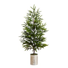 32in. Artificial Real Touch Norfolk Island Pine in Christmas Tin Metal Planter
