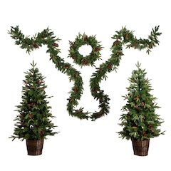 Pre-Lit Artificial Christmas Holiday 5 Piece Bundle with Pinecones & Berries