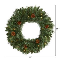 24in. White Mountain Pine Artificial Christmas Wreath with 35 LED Lights and Pinecones