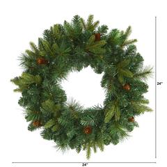 24in. Mixed Pine Artificial Christmas Wreath with 35 Clear LED Lights and Pinecones