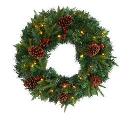 24in. Mixed Pine Artificial Christmas Wreath with 35 Clear LED Lights and Berries