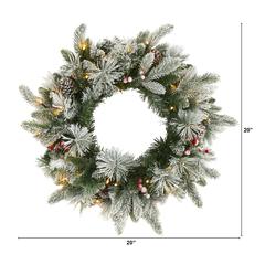 20in. Flocked Mixed Pine Artificial Christmas Wreath with 50 LED Lights, Pine Cones and Berries