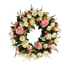 20in. White & Pink Rose Artificial Wreath