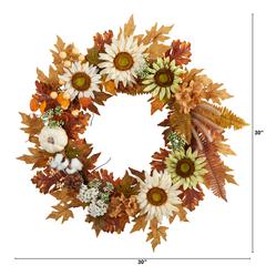 30in. Autumn Sunflower, White Pumpkin and Berries Artificial Fall Wreath