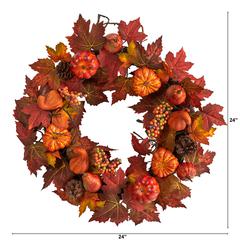 24in. Autumn Maple Leaves, Pumpkin, Pinecone and Berries Artificial Fall Wreath