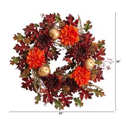 24in. Fall Dahlia, Golden Apple, Oak Leaf and Berries Autumn Artificial Wreath
