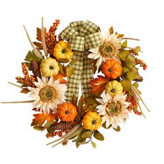 24in. Fall Pumpkin, Sunflower Artificial Autumn Wreath with Decorative Ribbon