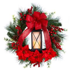 28in. Poinsettia and Berry Holiday Lantern Christmas Wreath with LED Candle