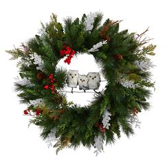 24in. Holiday Winter Owl Family Pinecone Berry Christmas Artificial Wreath