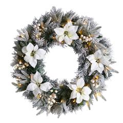 24in. Flocked Poinsettia and Pine Artificial Christmas Wreath with 50 Warm White LED Lights