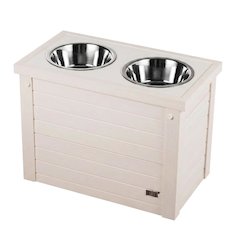 Antique White Dog Feeder with 2 Bowls and Sliding Storage Bin for Large Pets