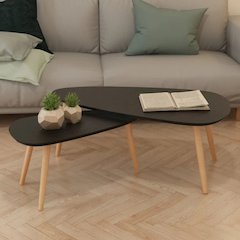 Coffee Table Set of 2 Black Solid pine wood legs, MDF tabletop